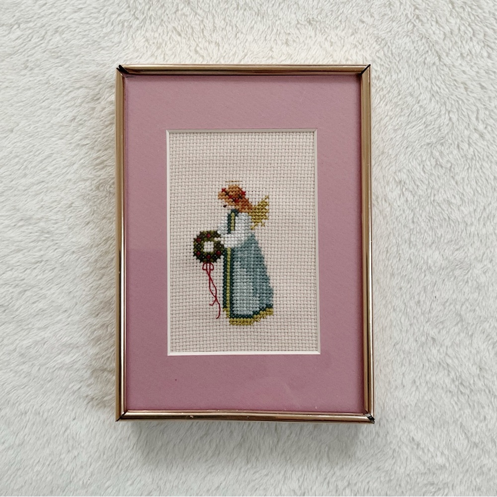 1987 Told in a Garden Christmas Angel Cross Stitch, Framed 5x7 Art Vintage
